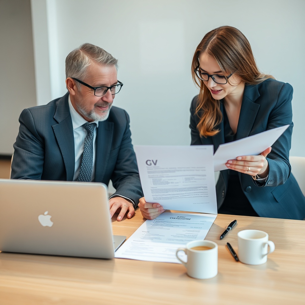 Mentor reviewing CV with mid-career professional in office